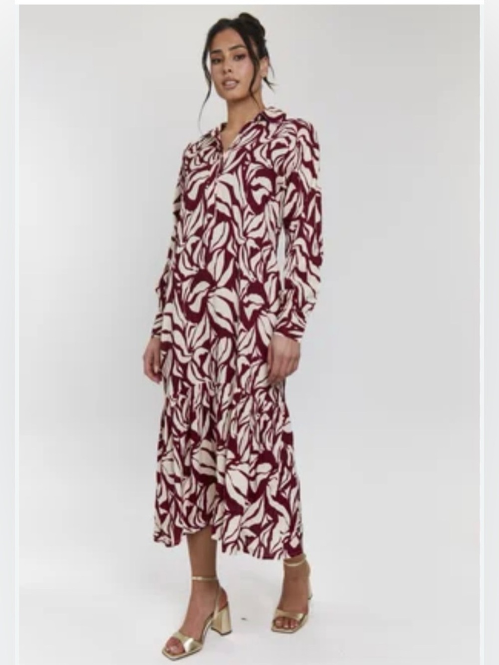 Cream Maxi Dress with Rust Floral Print - Long Sleeve